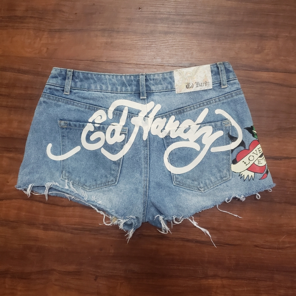 Ed Hardy Skull Denim Shorts Love Eternal Spellout Logo M
